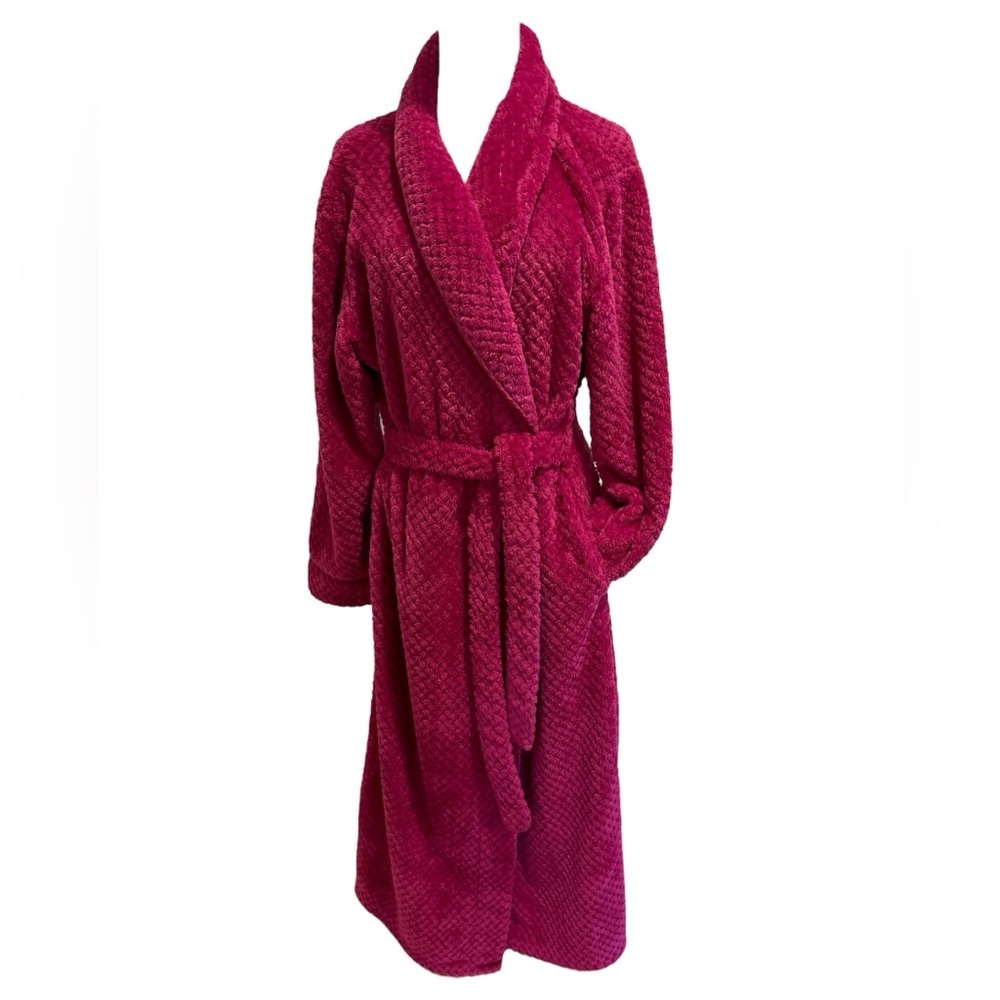 90s PLUSH RASPBERRY MAXI ROBE STIPPLED DIAMOND DESIGN W SATIN PIPING COZY SZ XL
